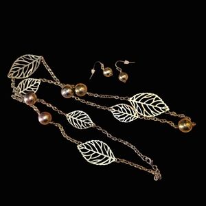 Vintage Goldtone Autumn Leaves Necklace 32" Matching Ball Fishhook Earrings